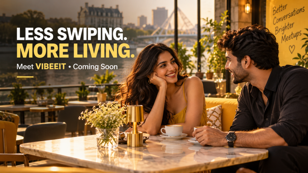 Young couple enjoying a coffee date, representing VIBEEIT's real-life dating and meetup experience.